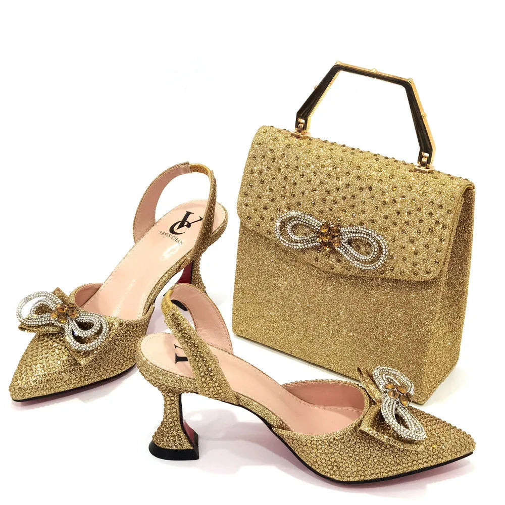 The Latest INS Style Rhinestone Bow Side Empty Party High Heels Pointed Toe Stiletto Heels Silver Women's Shoes And Bags