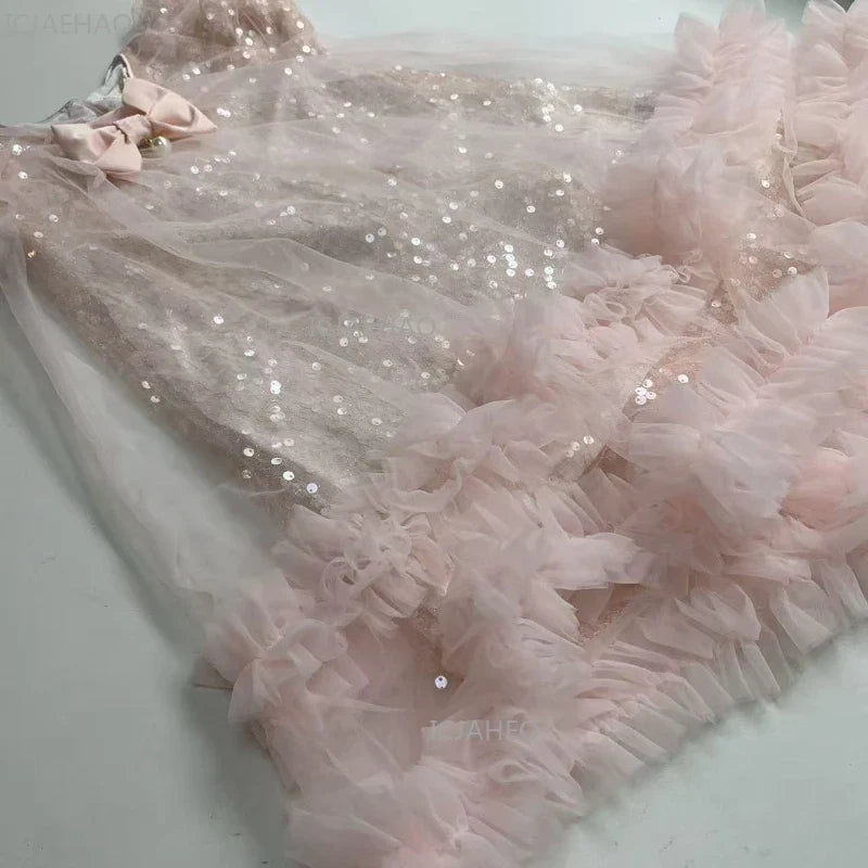 2026 New Summer Dress Girls Sequin Tulle Princess Party Gown Children Pageant Formal Attire Celebration Outfit Elegant Clothes