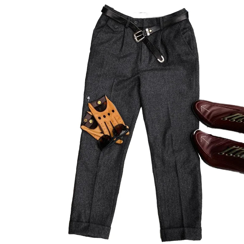 British-Style Vintage Wool Herringbone Pattern Men's Trousers, Large Size, Loose Straight-Leg Naples Men's Pants