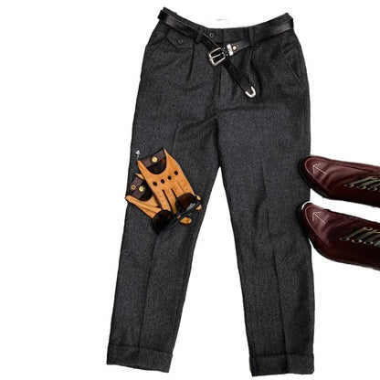 British-Style Vintage Wool Herringbone Pattern Men's Trousers, Large Size, Loose Straight-Leg Naples Men's Pants