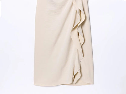 Women New Fashion Round Neck Pleated Short Sleeve Waist Dress Women Casual Sexy Side Zipper Button Solid Midi Summer Dress