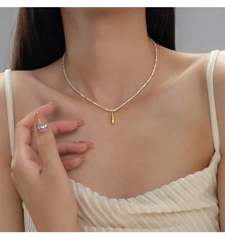 925 Sterling Silver Geometric Fashion Link Chain Necklace Classic Gold Color Water Drop Pendant For Women Fine Jewelry