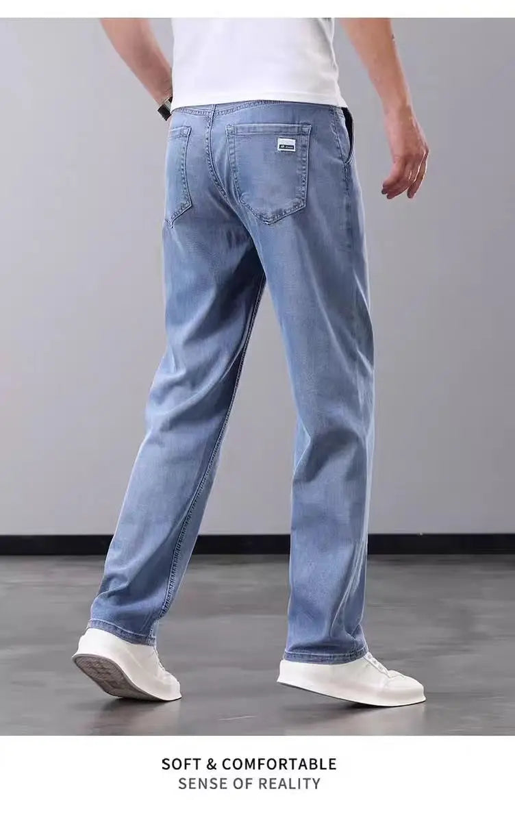 Summer Thin Straight Loose Wide Leg Pants Men's Silk Smooth Denim Jeans Casual Long Trousers Business Gentleman Style Water W...