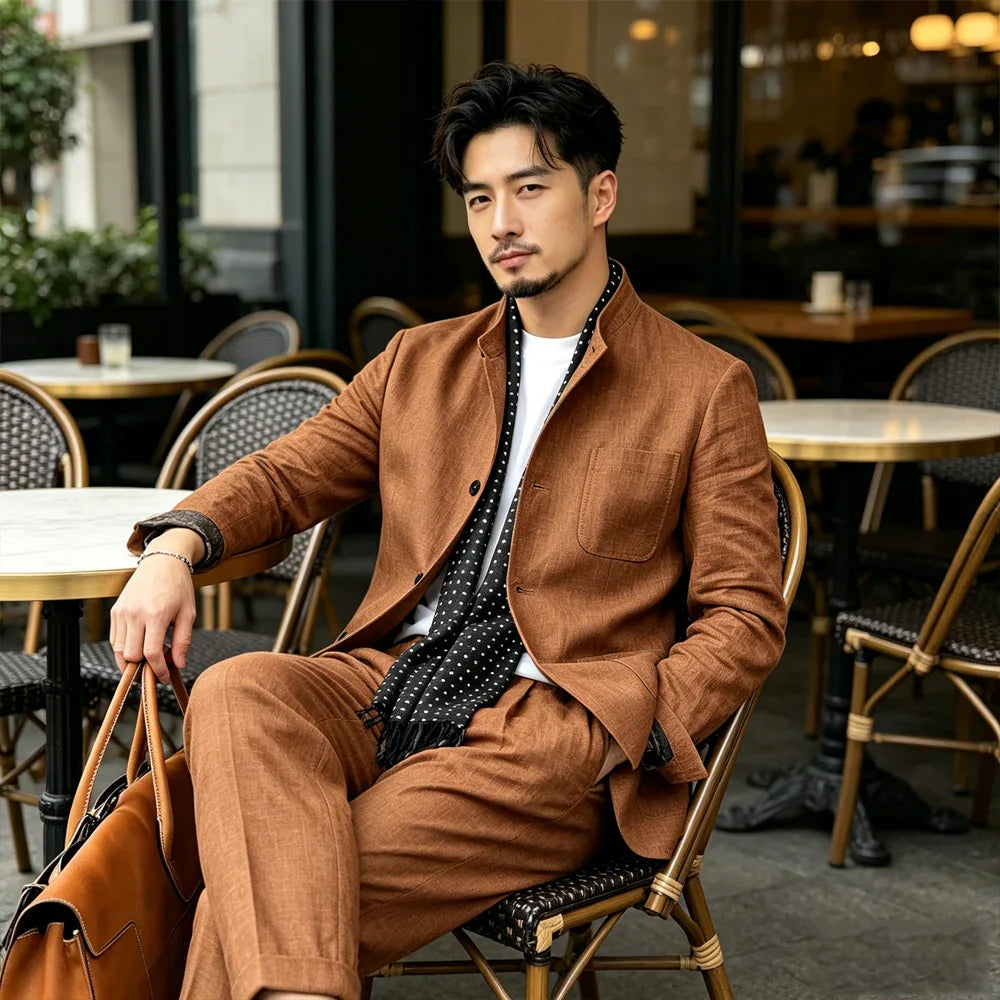 Men's Linen Blend 2 Piece Suit Set Stand Collar Breathable Casual Blazer Pants For Business Daily Wear