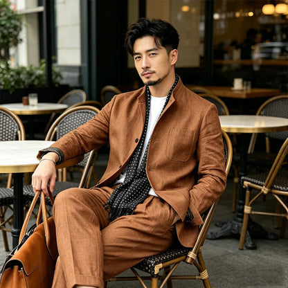 Men's Linen Blend 2 Piece Suit Set Stand Collar Breathable Casual Blazer Pants For Business Daily Wear