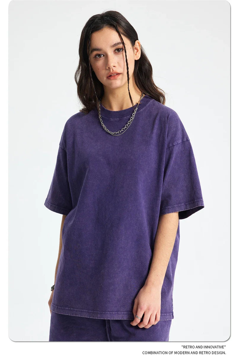 2025 High Street Summer Washed Cotton T-Shirt Tees For Men Unisex Loose Retro Solid T Shirts Brand Tops HY0113