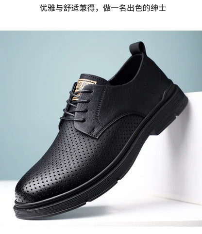 Summer Autumn New Low Top Cow Leather Shoes for Men Hallow Lace Designer Platform Shoes Male Fashion Business Casual Shoe Man