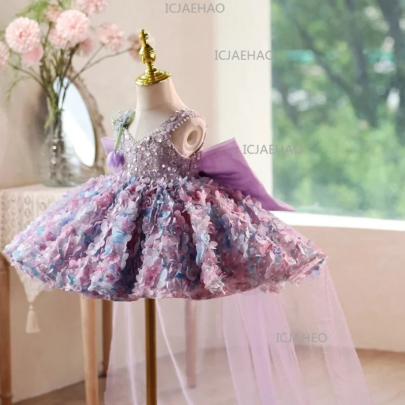2026 Cute Sweet Purple Children Sleeveless Kids Host Princess Gown Costume Girls Birthday Party Dress Summer New Fashion Floral