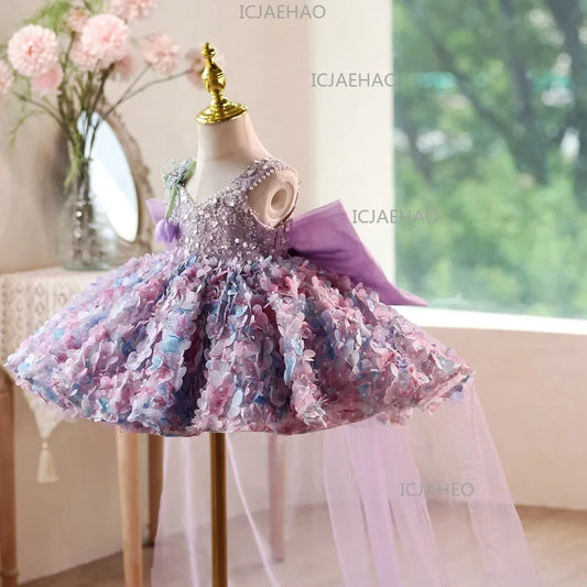2026 Cute Sweet Purple Children Sleeveless Kids Host Princess Gown Costume Girls Birthday Party Dress Summer New Fashion Floral