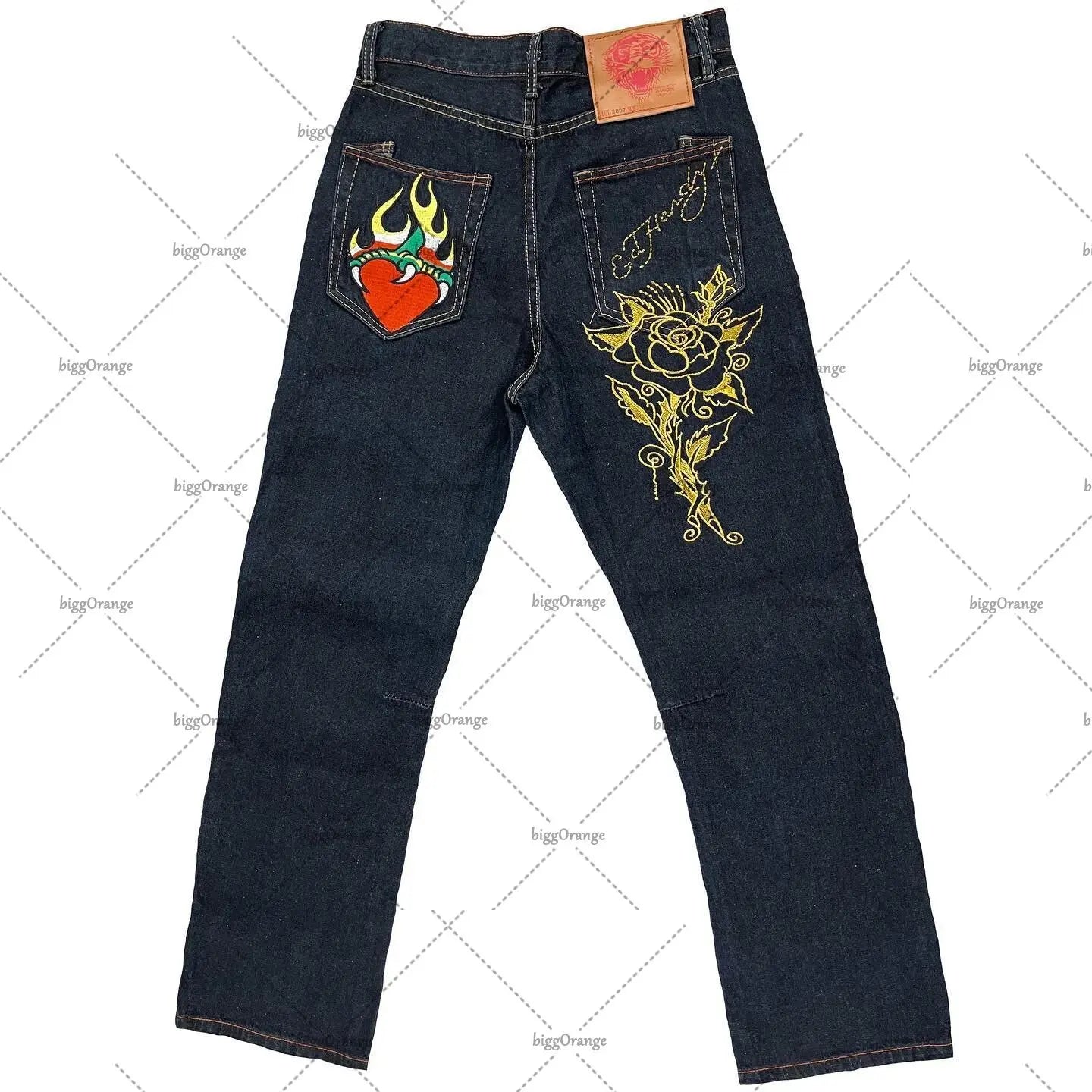 Mens Jeans Streetwear Y2K Vintage Straight Leg Denim Pants Skull Rose Flame Print Design Loose Fit Retro Punk Hip Hop Fashion