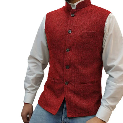Men Vest Gray Herringbone Height Collar Single Button Waistcoat For Wedding Party Business Work Daily Casual Men Suit Vest