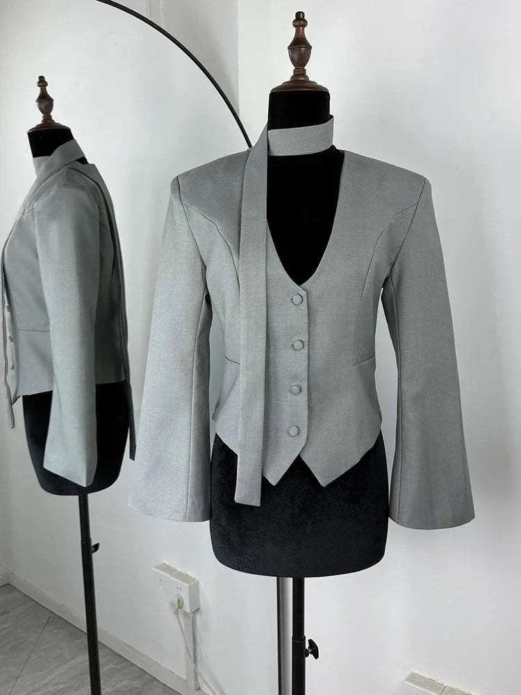 Single Breasted Coat Women's V Neck Scarf With Long Sleeve Waist-Cinching Blazer Jacket Lady Casual Slim Commute Coat