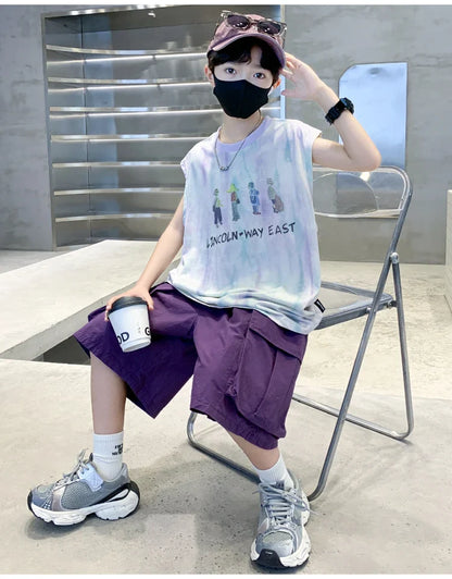 New Summer Kids Clothing Set Sleeveless T-shirt Suit with Shorts for Boy Luxurious Cotton Tracksuit 5 6 7 8 9 10 11 12 13 14 T
