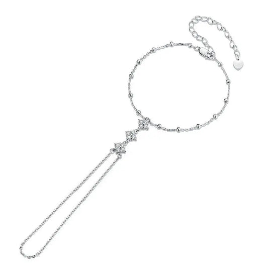 Bracelet ajustable en argent sterling 925 avec trèfle à quatre feuilles en zircon cubique, lien doigt-poignet pour femmes, bijoux de corps de Noël en or 14K.