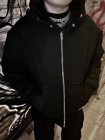 Winter Short Cool Warm Soft Hairy Faux Fur Coat Men with Hood Rivet Luxury Designer Punk Style Clothes Fluffy Jacket