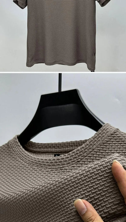Men Ice Silk Bamboo Mesh T-shirt Summer Elastic Short Sleeve Round Neck Tees Casual Slim Fit Basic Tops Trendy Male Daily Streetwear Shirts