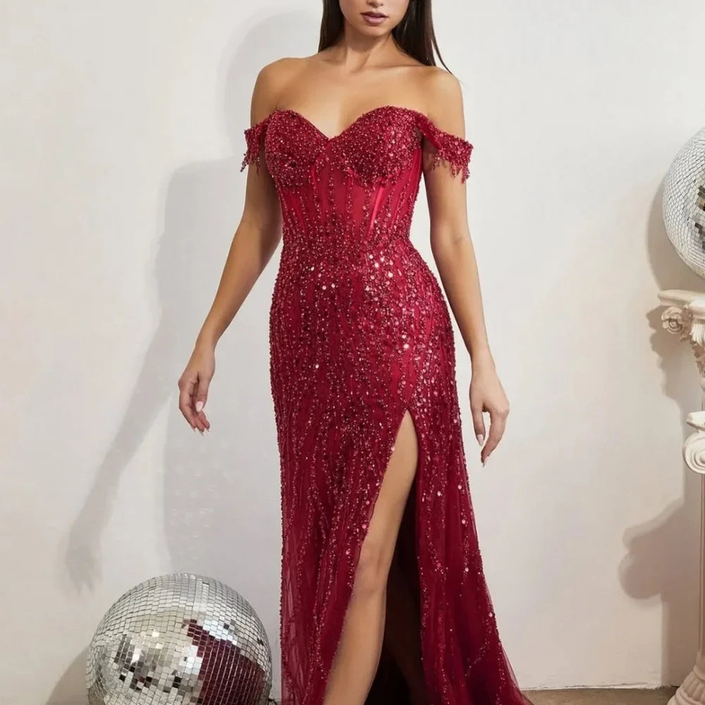 Dubai Sequin Off Shoulder Side High Split Prom Dresses Mermaid Customized فساتين سهرات Court Train Evening Dress 2025