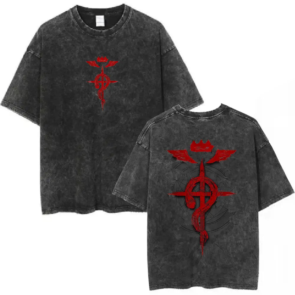 Anime Fullmetal Alchemist Washed T Shirts Edward Elric Alphonse Elric T-Shirt Men's Women Fashion Casual Oversized T-shirts Tops