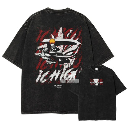 Anime B-Bleach T-Shirt Oversized Vintage Washed Zaraki Kenpachi T-Shirts Retro Harajuku Ichigo Rukia Tops Tees Man 100% Cotton