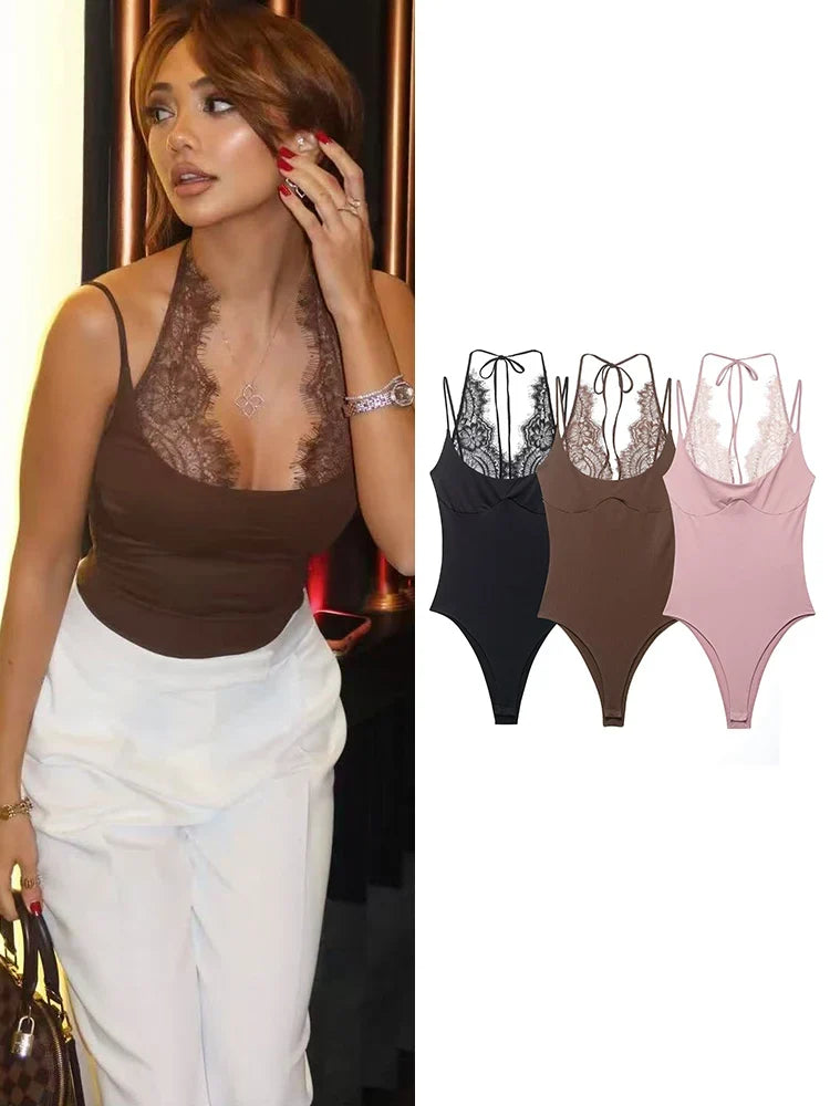 Ladies Sexy Slim Bodysuits Women Chic Lace Partwork Sleeveless Fashion Backless Sling Tops Newest Casual Playsuit Outfits Female
