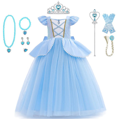 Cinderella Cosplay Costume Kids Clothes for Girls Sequins Princess Dress with Crown Gloves Birthday Party Ball Gown 2-10 Years