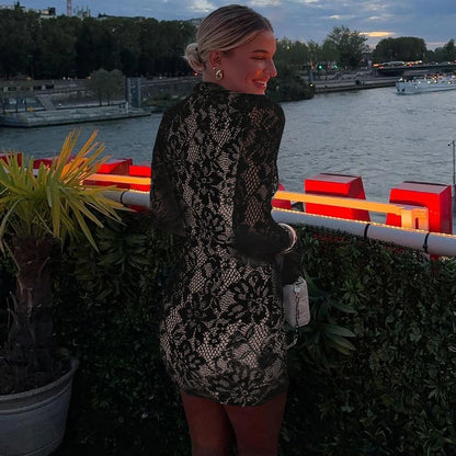 Turtleneck Long Flare Sleeve Patchwork Lace Hollow Out Button Sexy Mini Dress 2025 Spring Women Clothes Party Nightclub