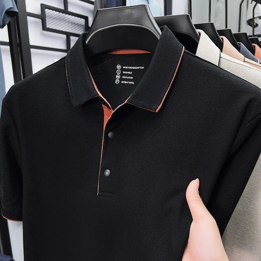 High quality 100% cotton solid color short sleeve polo shirt unique button men summer breathable comfort texture lapel T-shirt