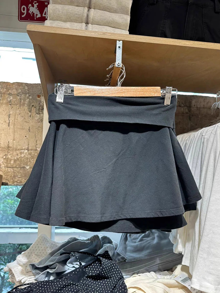 Black Foldover Mini Skirts Woman Elastic Low Waist A-line Short Faldas Summer Casual Simple Solid Preppy Style All-match Skirt