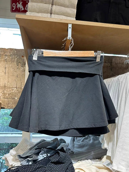 Black Foldover Mini Skirts Woman Elastic Low Waist A-line Short Faldas Summer Casual Simple Solid Preppy Style All-match Skirt