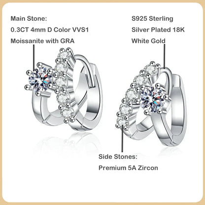 100% Real D Color 0.3CT 4mm Moissanite Hoop Earrings For Women S925 Sterling Silver Plated 18K White Gold Diamond Earring