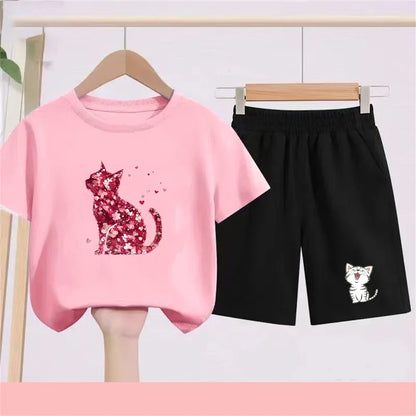 Summer Age 3-12 Girls boy cool breathable Tshirt Children T-shirt+bottom wear Set black 2pcs leisure Kids Set cat Print
