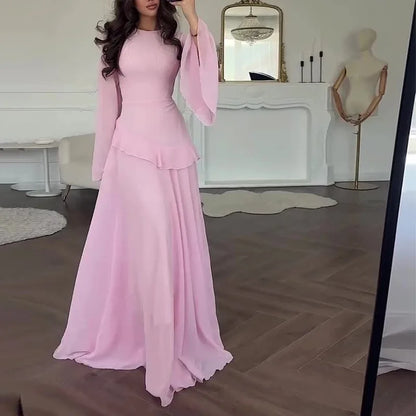 Women Chiffon Solid Ruffled Dress Flare Sleeve Round Neck 2025 New Elegant Maxi Gown Evening Party Fashion Holiday Lady