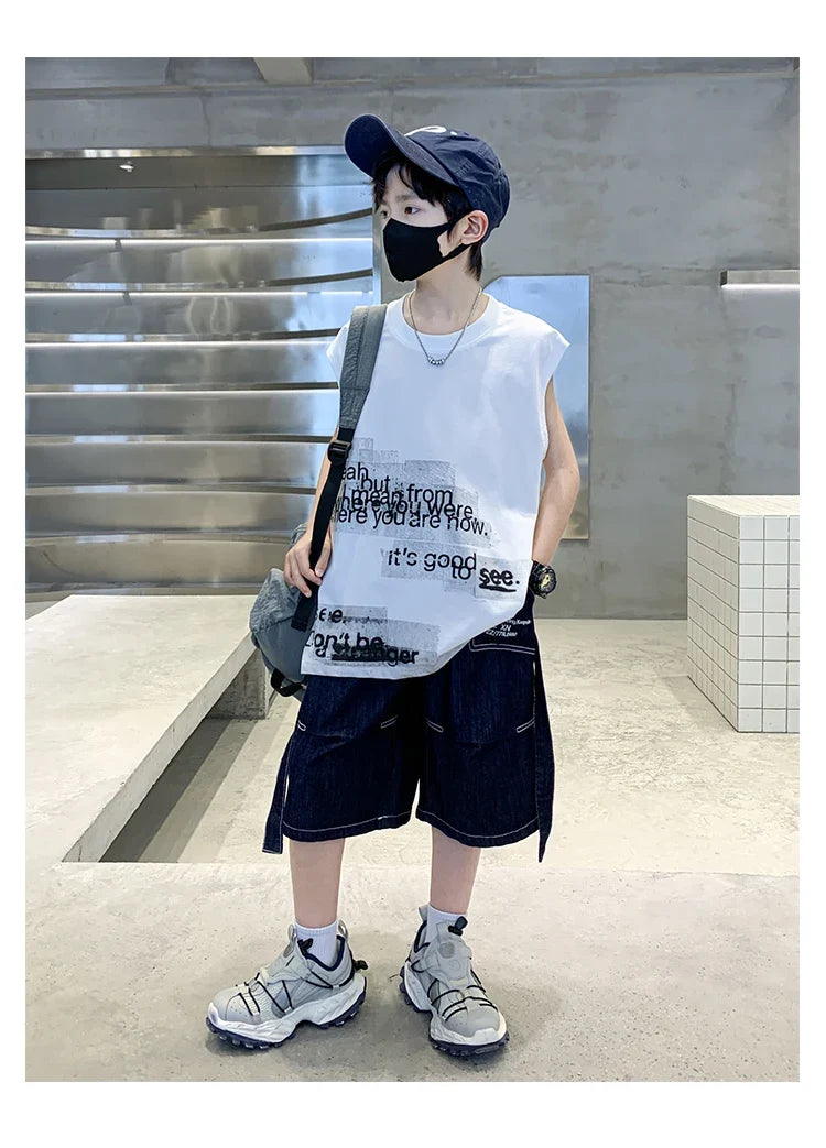 New Summer Children High Quality Cotton Clothing Set for Kids Boy Sleeveless Tshirt And Denim Shorts 2 Pieces Top Bottom Suit