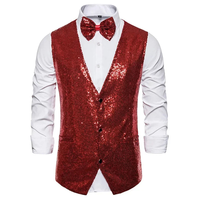 2026 Men's Shiny Gold Sequin Glitter Embellished Blazer Waistcoat Night Club Blazer Wedding Party Waistcoat Stage Singers Vest