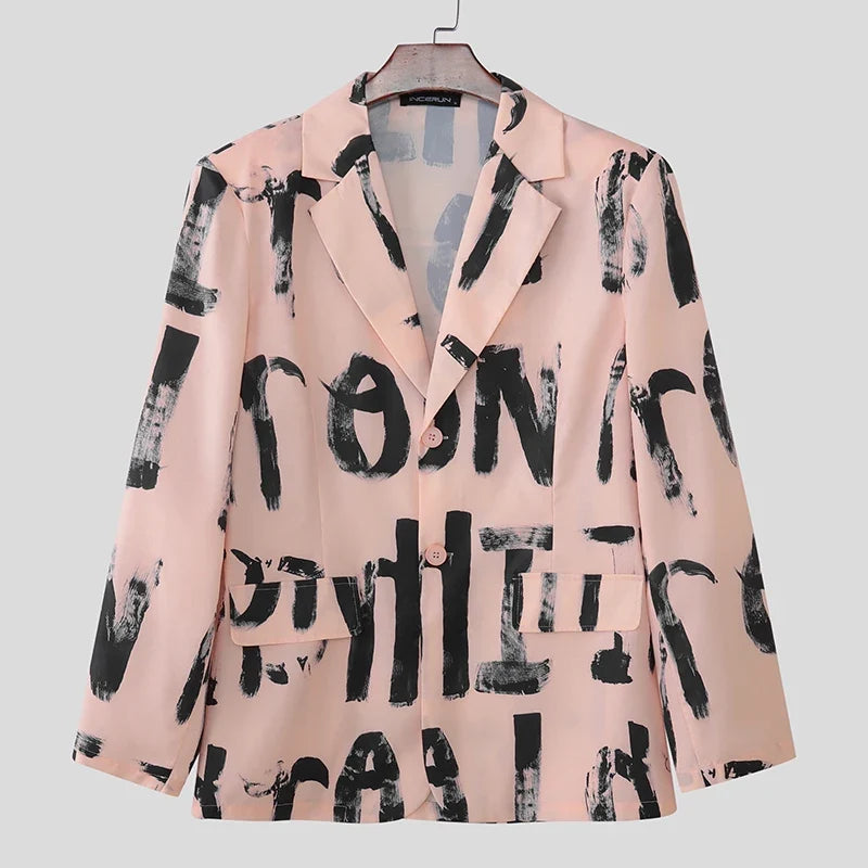 Men Blazer Printing Lapel Long Sleeve Button Korean Style Casual Male Suit Streetwear 2025 Elegant Fashion Thin Coats