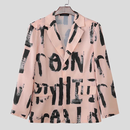 Men Blazer Printing Lapel Long Sleeve Button Korean Style Casual Male Suit Streetwear 2025 Elegant Fashion Thin Coats