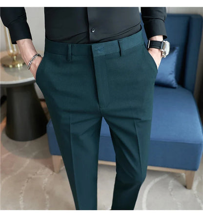 Autumn Mens Fashion Embroidered Trousers Korean Business Dress Solid Suit Pant Formal Office Social Slim Fit Casual Suit Pants