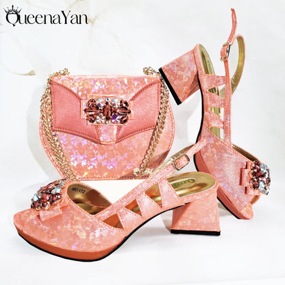 Newest Italian Design Special Synthetic Fabrics Women's Matching Shoes and Bag Set High Heel for Weddings and Parties