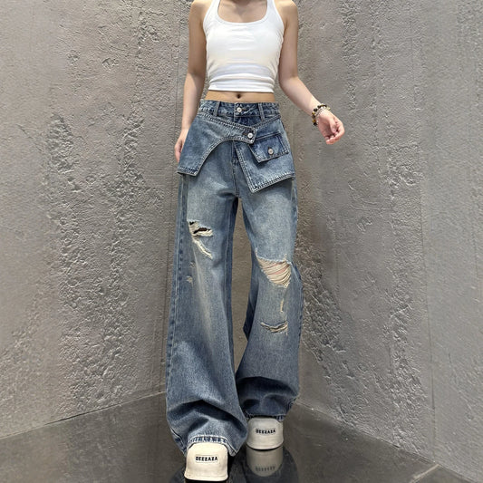 Streetwear Harajuku Jeans for Women Pantalones Vaqueros Mujer Chic Fake Two Denim Trousers Casual Straight Y2k Wide Leg Pants