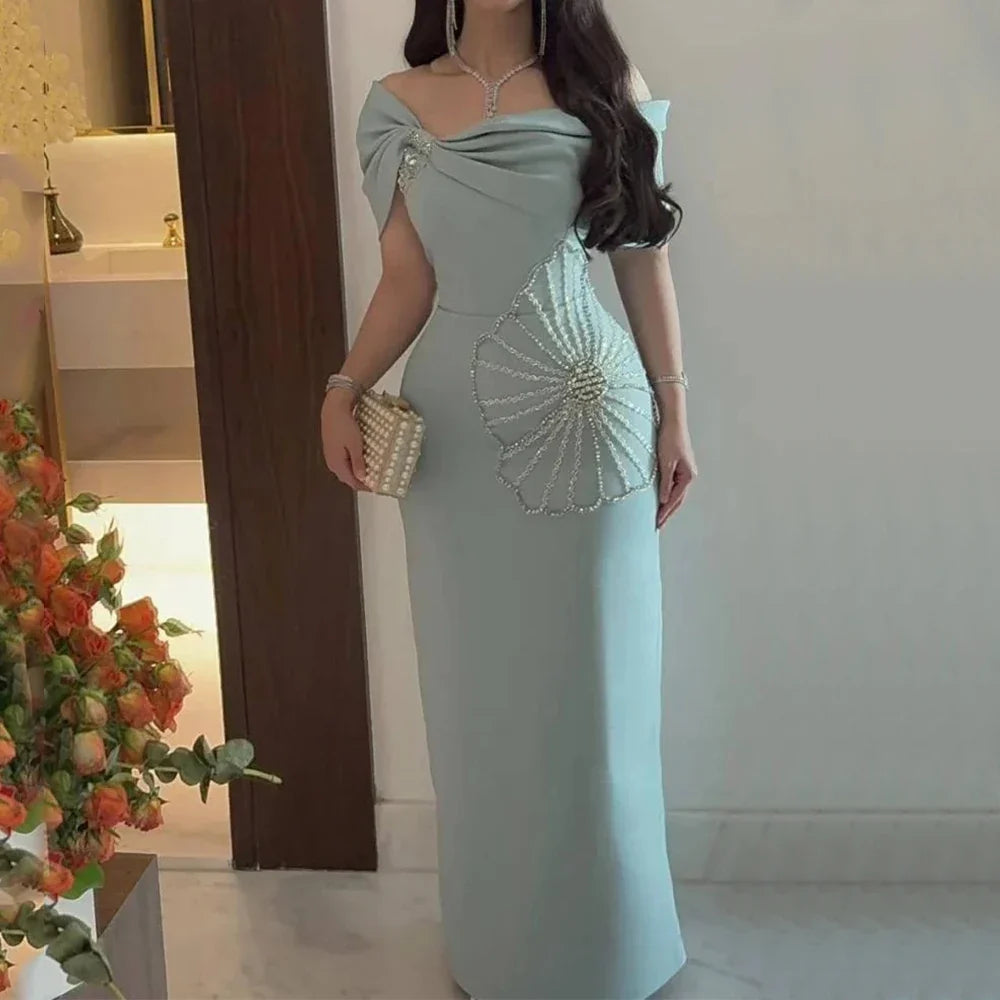 Elegant Jersey Evening Dress Off the Shoulder Straight Floor Length Women Customized Beading and Pleat فساتين سهره نسائيه فخمة