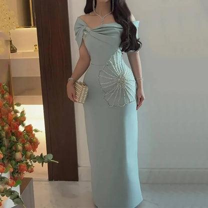 Elegant Jersey Evening Dress Off the Shoulder Straight Floor Length Women Customized Beading and Pleat فساتين سهره نسائيه فخمة