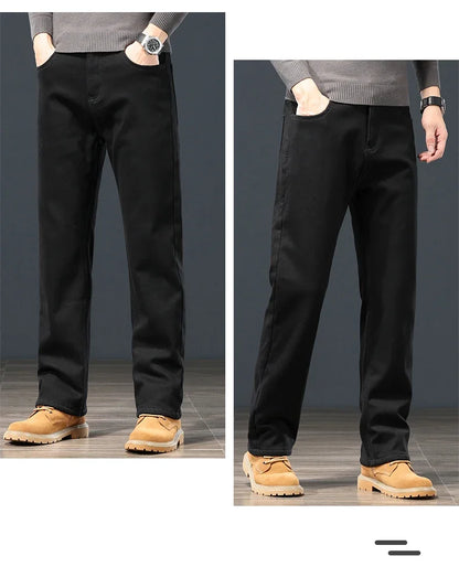 Winter Men's Fleece Warm Jeans Classic Black Plush Loose Straight Business Casual Pants Thermal Male Clothing 40 42 44