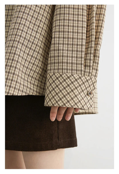 Women Shirt Loose Casual Single-breasted New Retro Contrast Plaid Embroidered Blouses Female Top Autumn Winter 2026
