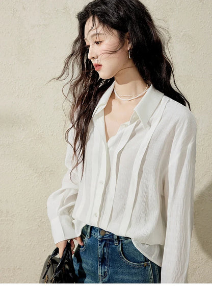 Solid Loose Fit Shirt for Women Spring 2025 Dropped Shoulder Long Sleeved  Top Casual Turn-down Collar Shirts MXE13C0405