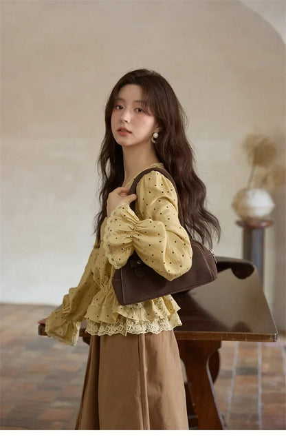 Autumn Yellow Polka Dot Linen Blouse 2025 Autumn Lace V-neck Commuter Top Flare Sleeve Elastic Waist Shirts MXE42X1975