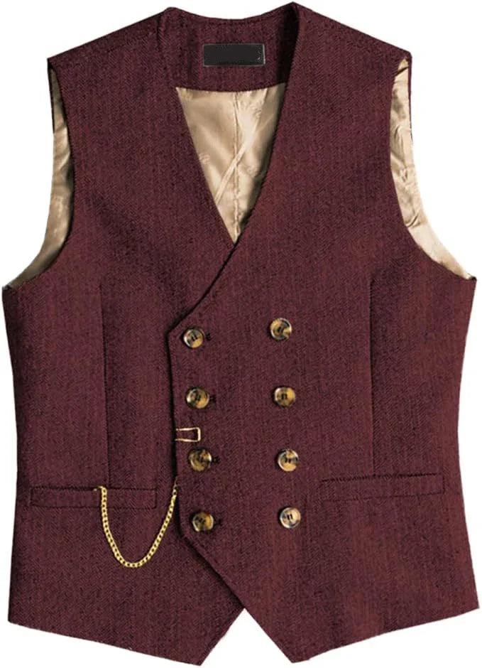Men's Suit Vest Herringbone Pattern Retro British Style Double Breasted Waistcoat Four Season Outerwear Wedding Party traveling