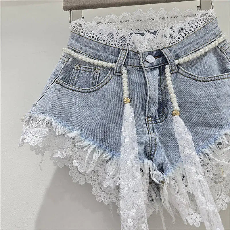 American Crochet Lace Denim Shorts With Pearl Sashes Summer Casual Fashion Women's Sweet Lace Patchwork Fringed Hot Jeans