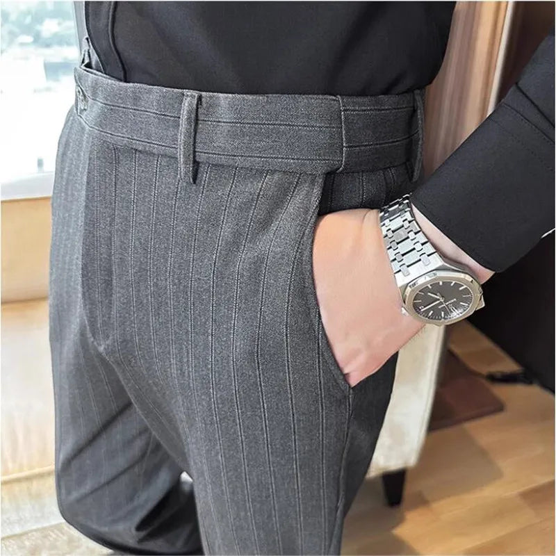 High Quality Striped Suit Pants 2025 Autumn New Fashion Slim Fit Business Elastic waisted Pants Male Wedding Party Trousers