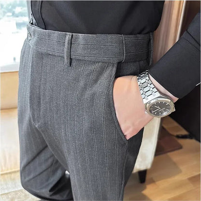 High Quality Striped Suit Pants 2025 Autumn New Fashion Slim Fit Business Elastic waisted Pants Male Wedding Party Trousers