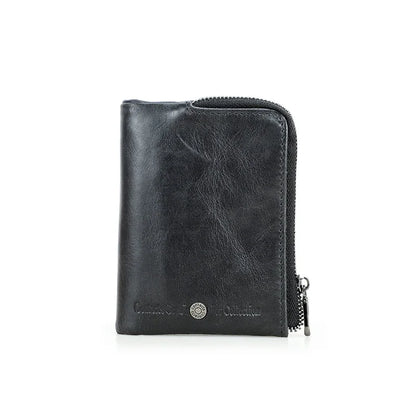 Retro Genuine Leather Wallet Men Zipper Coin Purse Quality Women Money Purse RFID Travel Business Gift Card Wallet